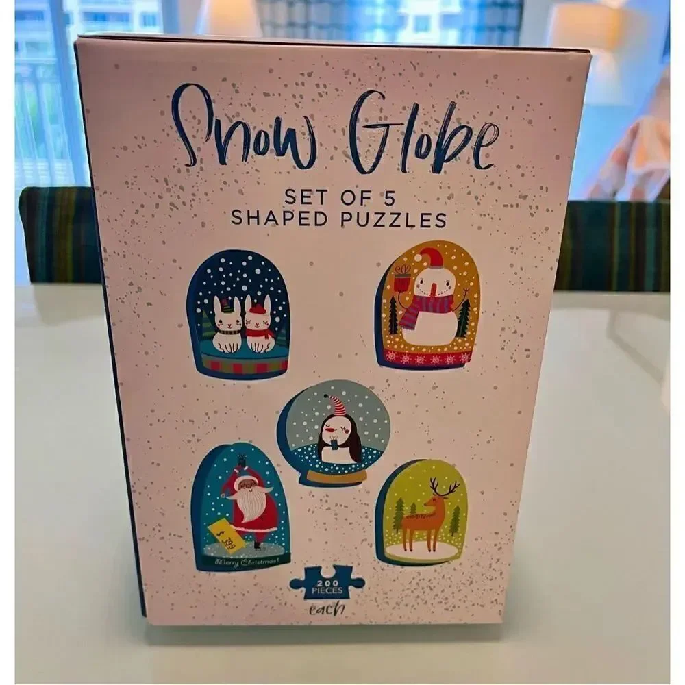 Pink Sky Snow Globe Puzzle Set of 5 200 Pcs Snowman Penguin Santa Reindeer